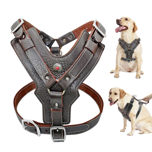 Durable Dog Harness Large Dogs Genuine Leather Harnesses Pet Training Vest With Quick Control Handle For Labrador Pitbull