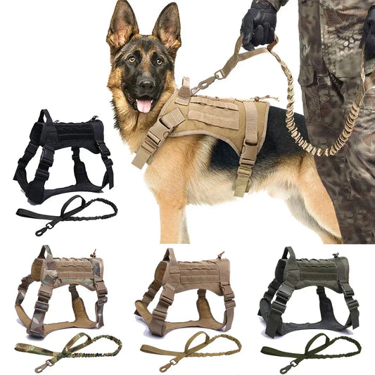 Dog Collar Leash and Harness Set Tactical Style Military Adjustable German Shepard Harness for Large Dogs Walking Training