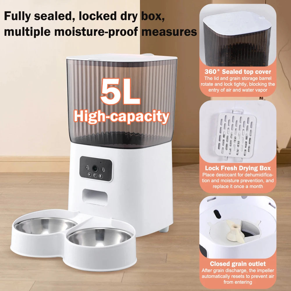 5L Automatic Feeder Cats WiFi with Camera HD Smart Interactive Pet Food Dispenser Timer Stainless Steel Bowl Auto Dog Feeder