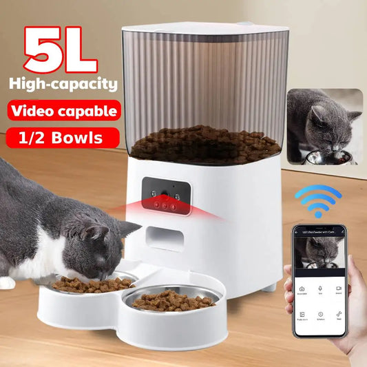 5L Automatic Feeder Cats WiFi with Camera HD Smart Interactive Pet Food Dispenser Timer Stainless Steel Bowl Auto Dog Feeder